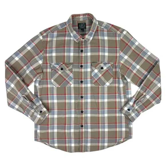 J. Crew Plaid Shirt Men's Large Tan Gray Red Flannel Button-up 100% Cotton Soft - Picture 2 of 13